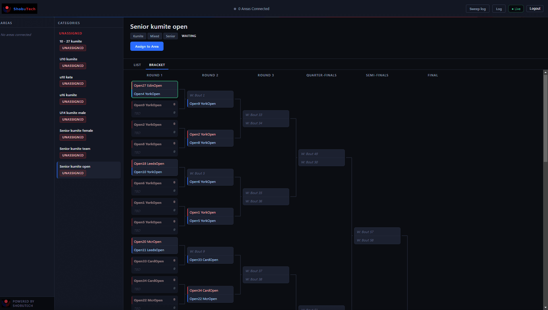 ShobuTech desktop control panel showing a Senior open kumite bracket